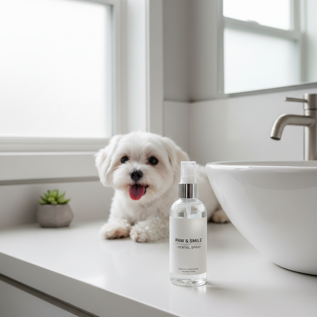 Pet dental spray on a bathroom vanity with a dog