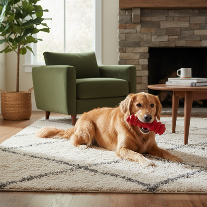 Dog chewing on sausage toy